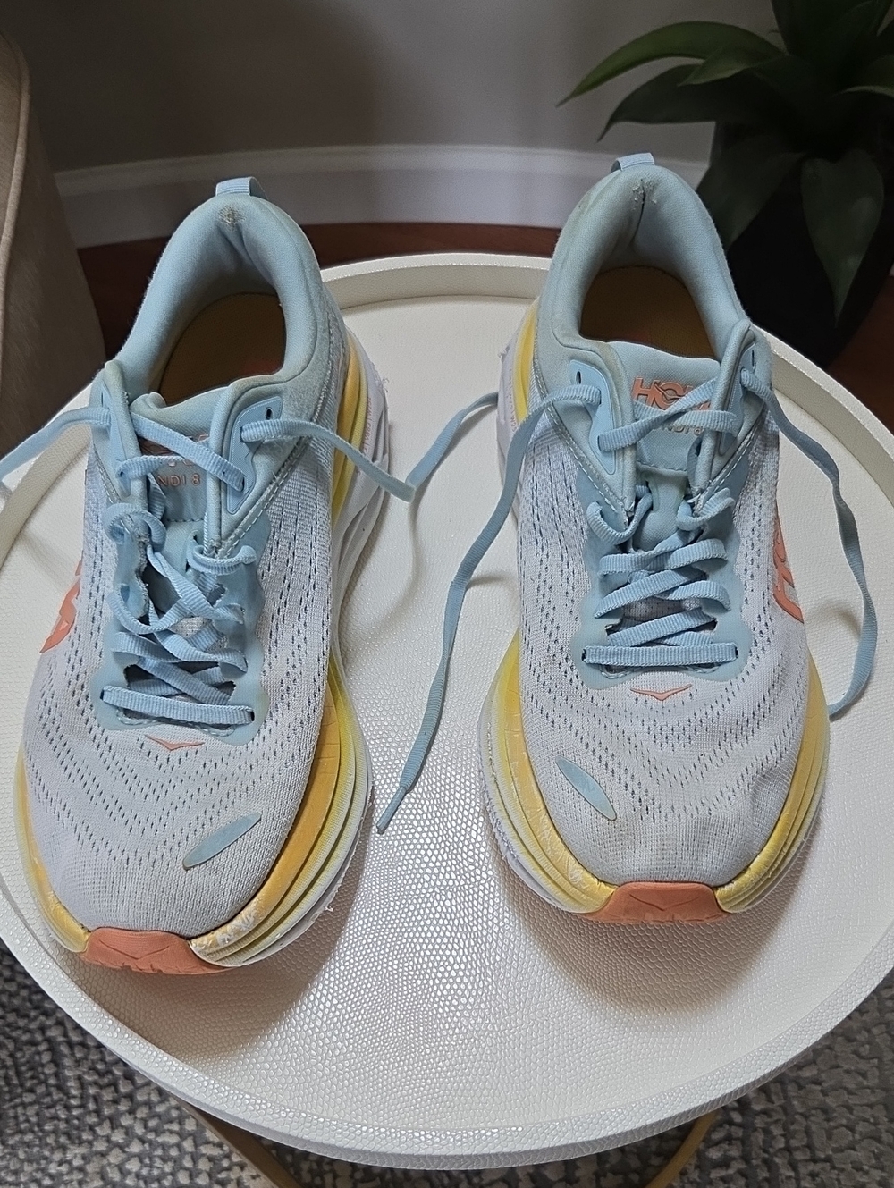 Hoka Women's Pastel Blue Running Shoes with Yellow and Peach Accents